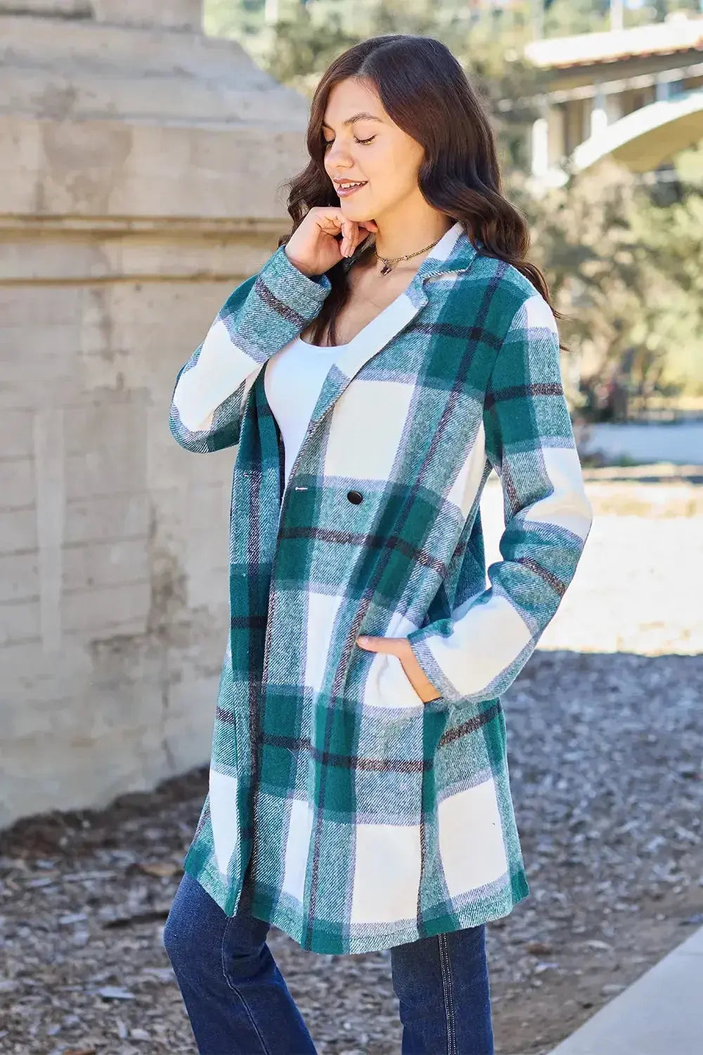 Women’s plaid button-up lapel coat by Plush Fashion Hub, seasonal wool-feel outerwear with classic plaid pattern and tailored fit.