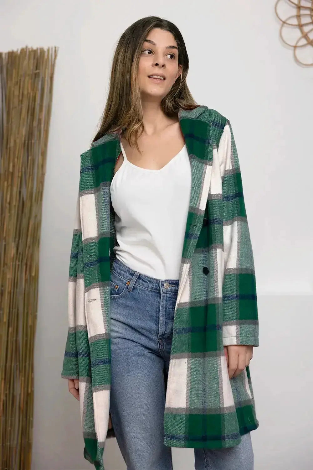 Women’s classic plaid button-up lapel coat by Plush Fashion Hub featuring a wool-feel seasonal outerwear design.