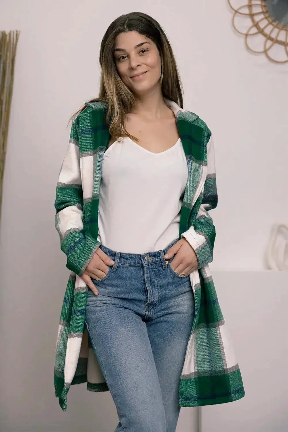 Women’s plaid button-up lapel coat with wool-feel fabric, stylish seasonal outerwear by Plush Fashion Hub.