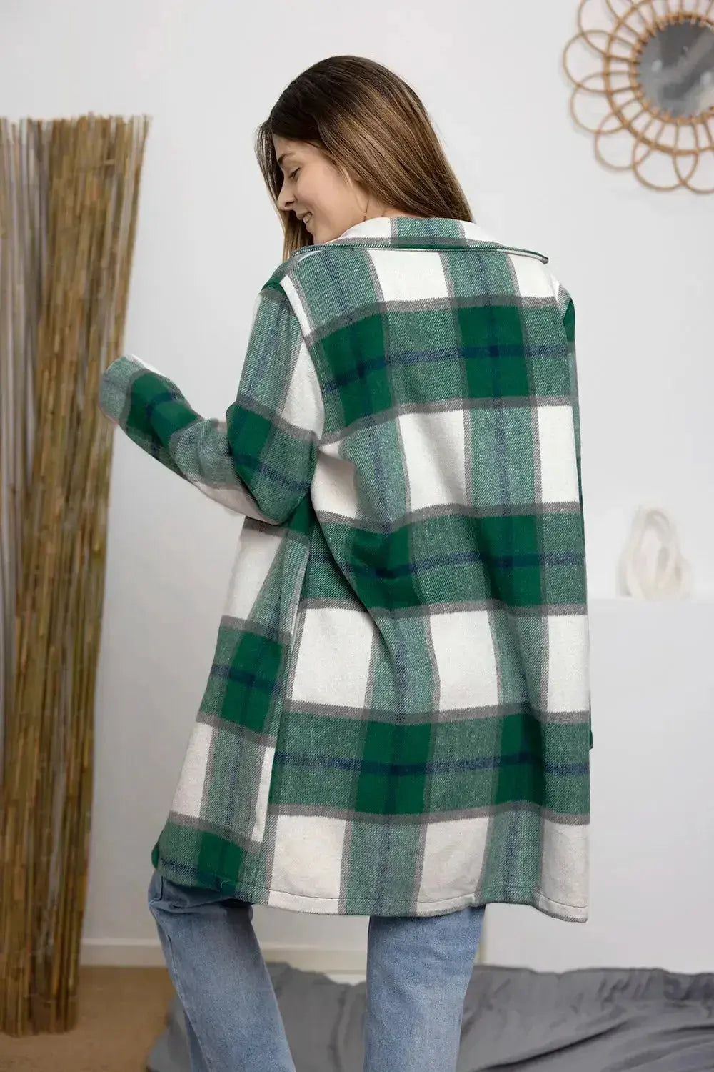 Women’s plaid button-up lapel coat by Plush Fashion Hub, seasonal wool-feel outerwear with classic plaid pattern and tailored fit.