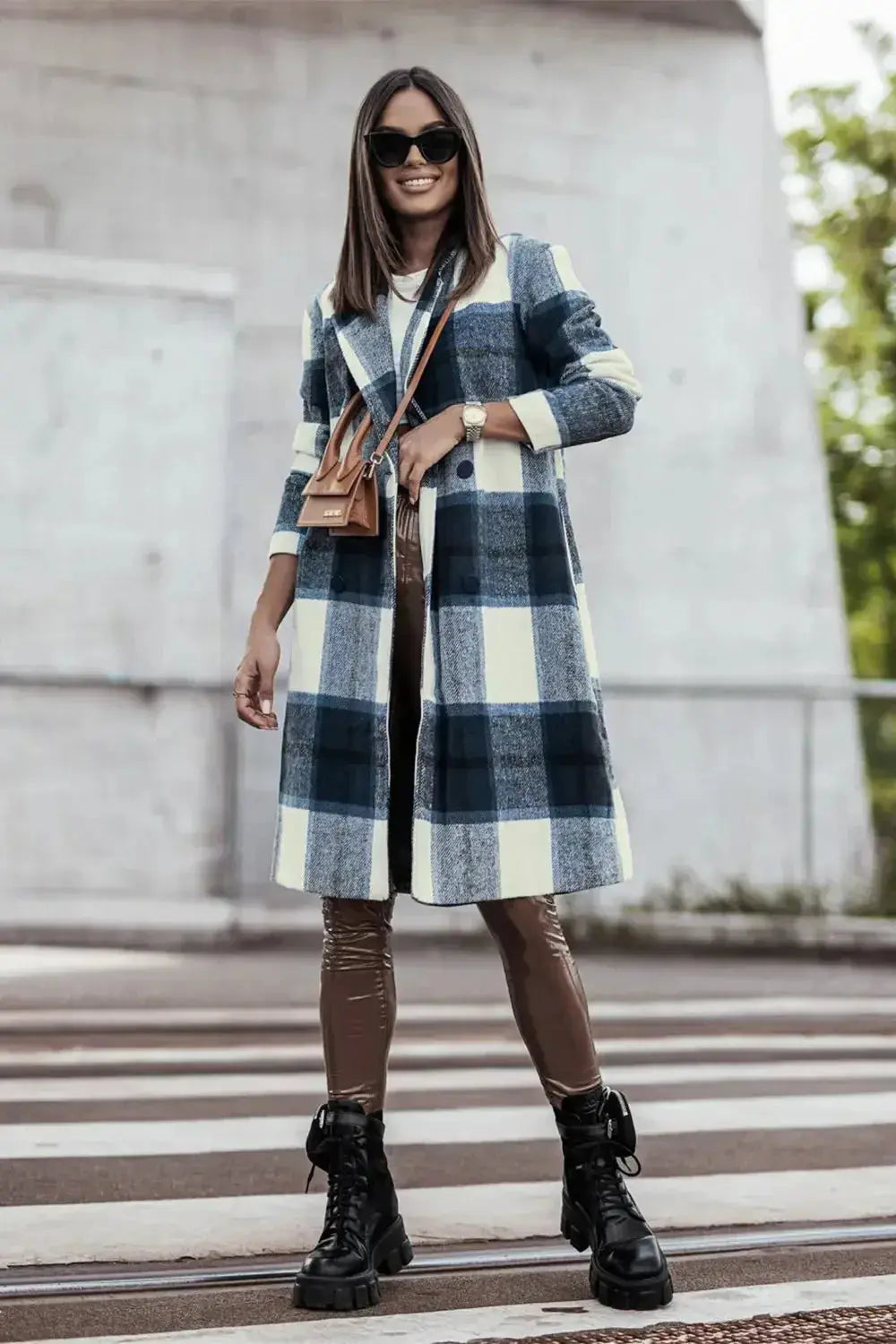 Women’s plaid button-up lapel coat with wool-feel fabric, seasonal outerwear by Plush Fashion Hub, stylish and warm for winter.