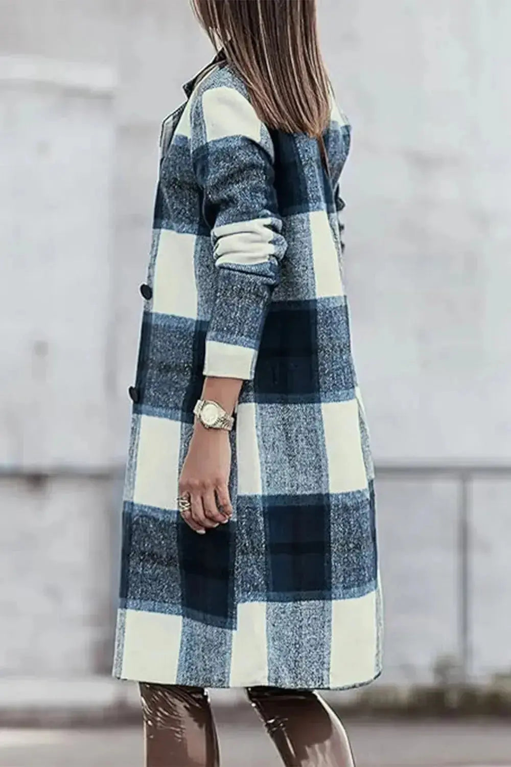Women’s plaid button-up lapel coat by Plush Fashion Hub, seasonal wool-feel wool coat with classic plaid pattern and tailored design.