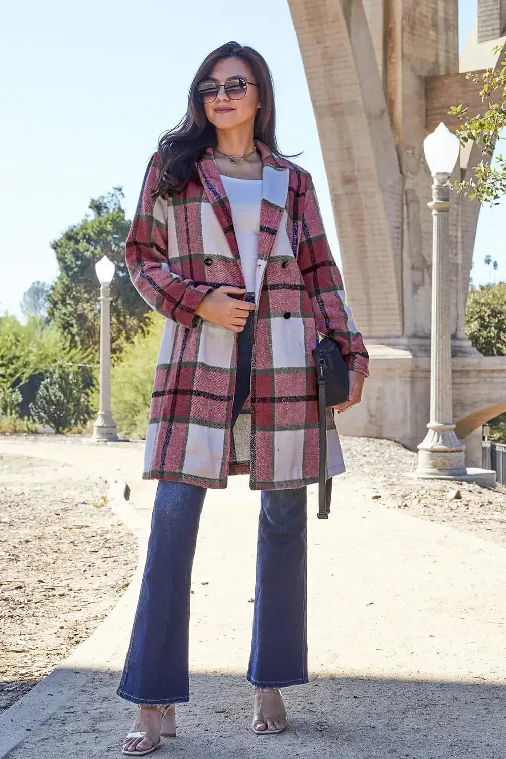 Women’s classic plaid button-up lapel coat by Plush Fashion Hub, featuring a wool-feel outerwear design with seasonal style.
