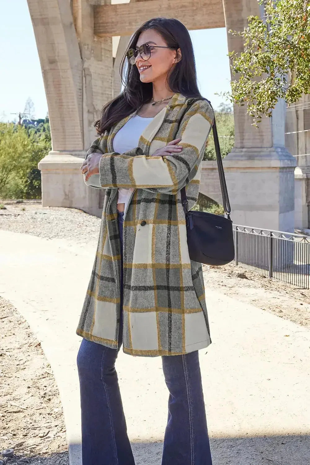 Women’s classic plaid button-up lapel coat by Plush Fashion Hub, wool-feel outerwear with a stylish seasonal design.