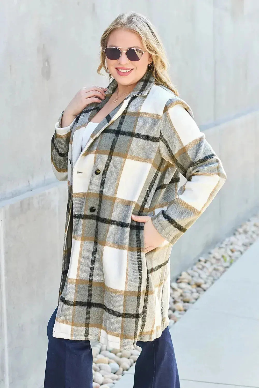 Women’s classic plaid button-up lapel coat by Plush Fashion Hub, seasonal wool-feel outerwear with a stylish design and cozy fit.