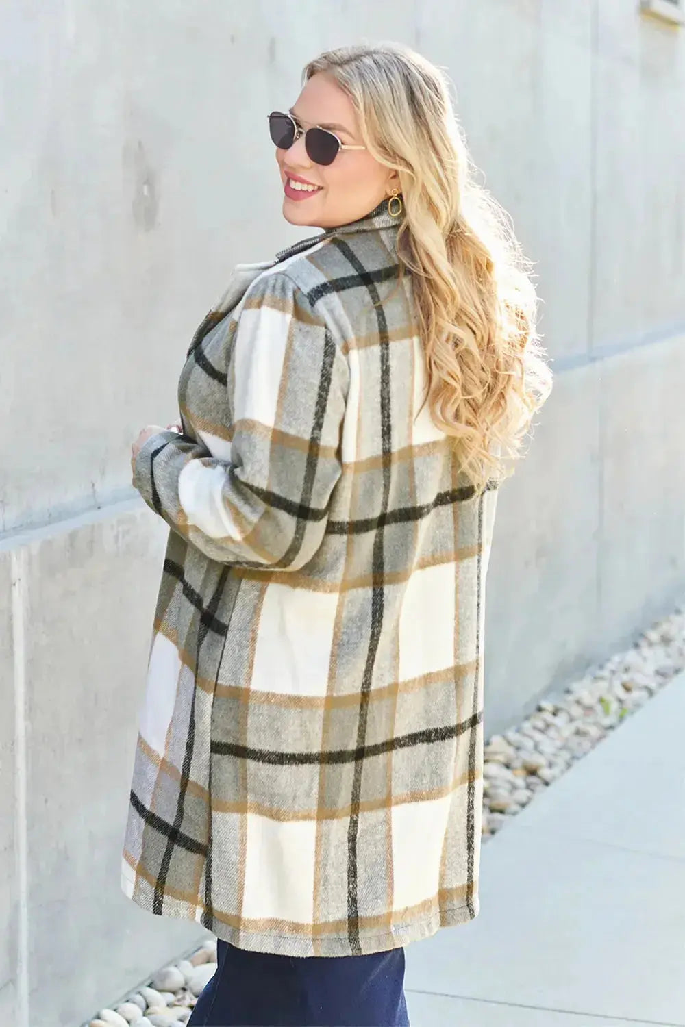 Women’s classic plaid button-up lapel coat with wool-feel fabric, seasonal outerwear by Plush Fashion Hub.