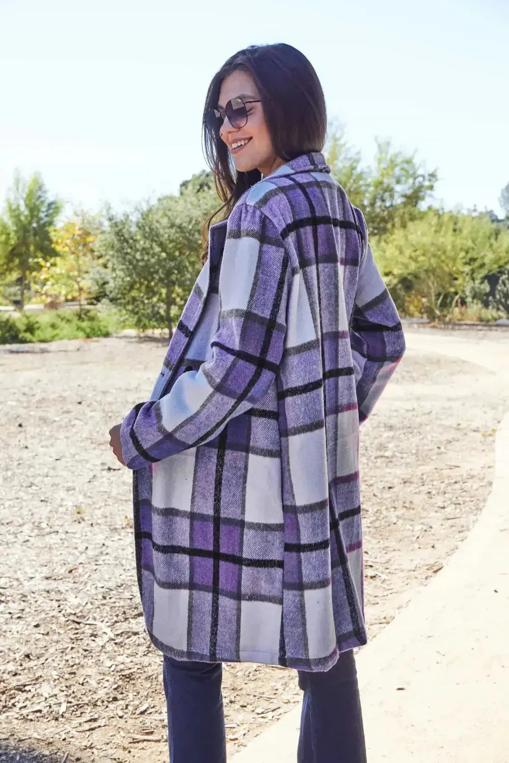 Women’s plaid button-up lapel coat by Plush Fashion Hub, seasonal wool-feel outerwear with a classic design and lapel collar.
