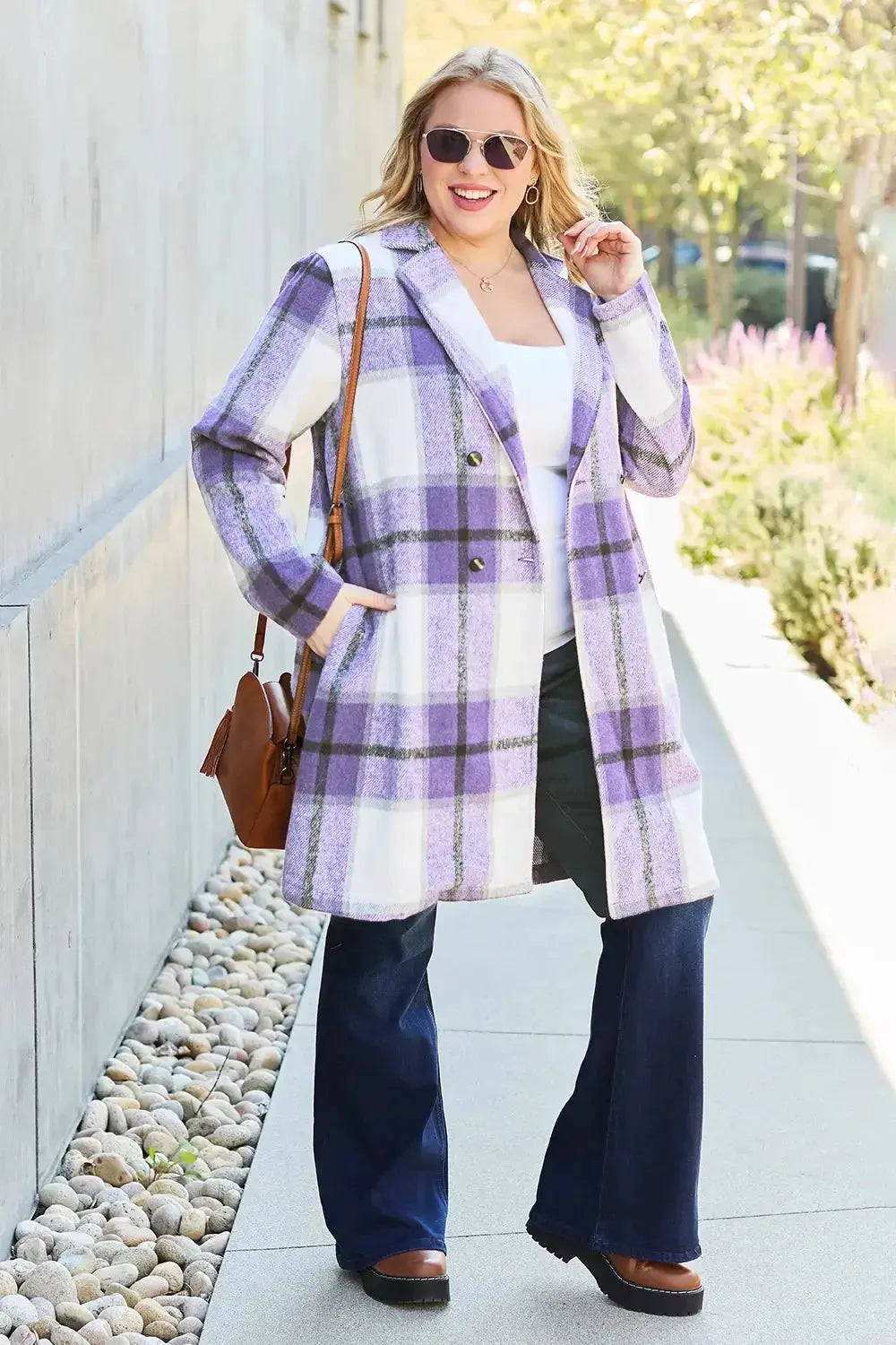 Women’s plaid button-up lapel coat by Plush Fashion Hub, seasonal wool-feel outerwear with classic plaid pattern and tailored fit.
