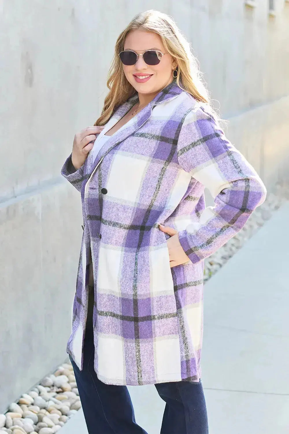Women’s plaid button-up lapel coat by Plush Fashion Hub, featuring a wool-like texture and classic seasonal outerwear style.