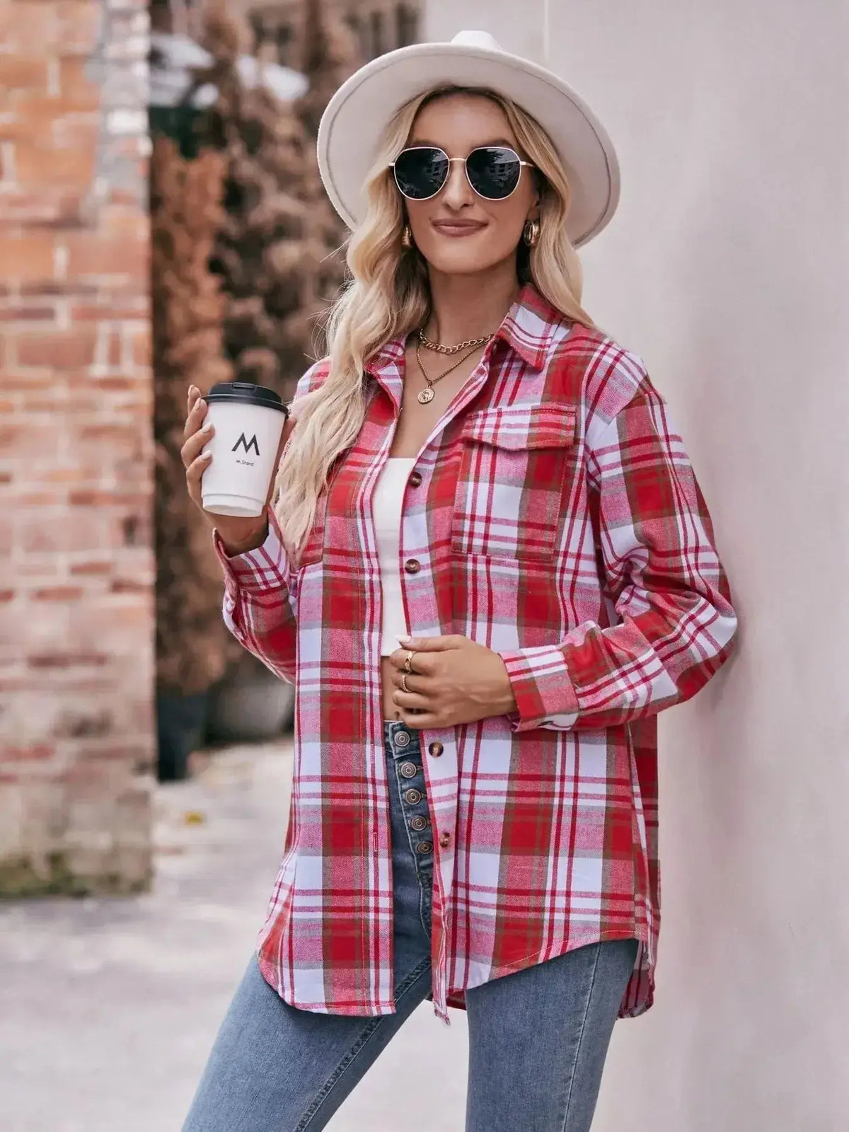Plush Fashion Hub classic plaid long sleeve button-down shirt for women, featuring a stylish and comfortable design.