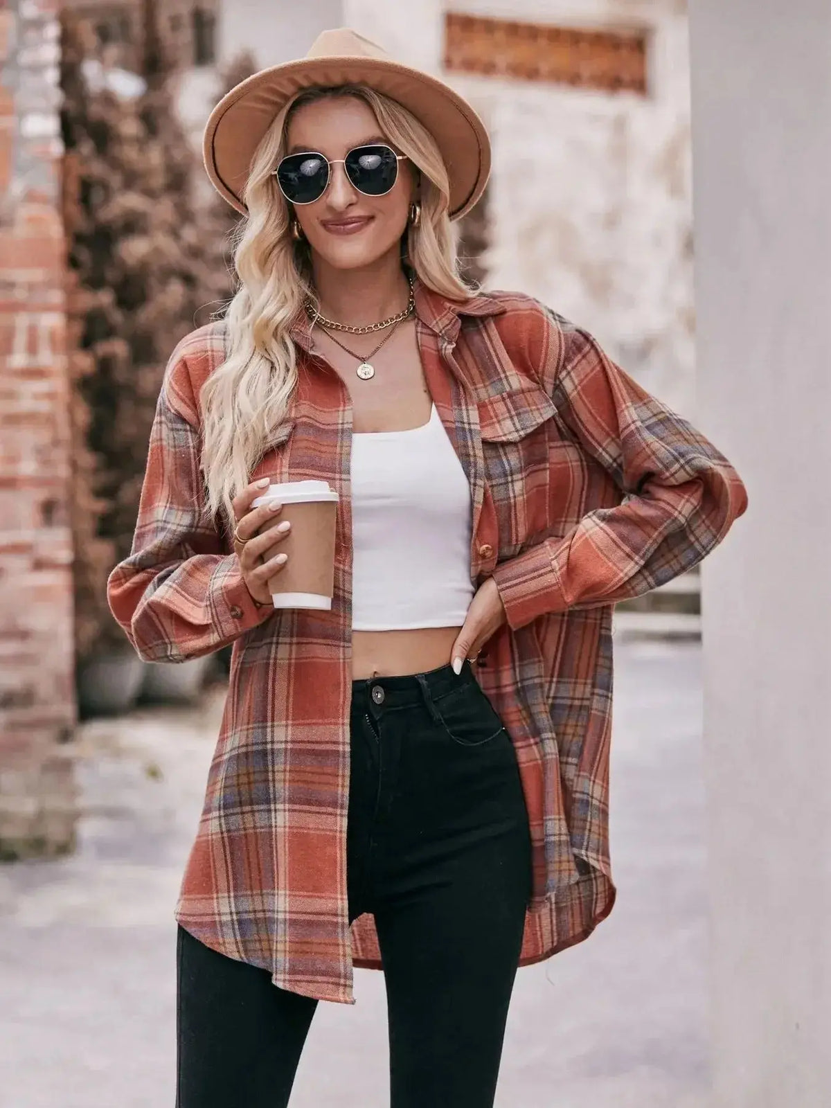 Women’s classic plaid long sleeve button-down shirt by Plush Fashion Hub, featuring a timeless pattern and casual fit.