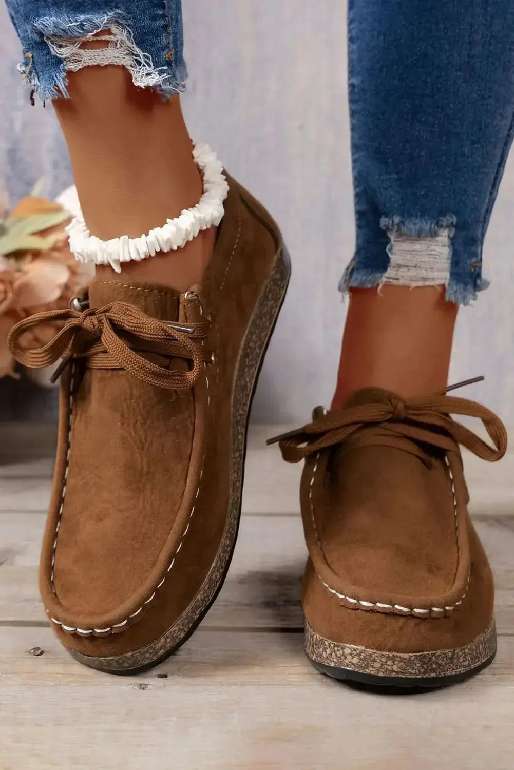 Women’s coffee suede lace-up sneakers by Plush Fashion Hub, casual footwear with stylish design for everyday wear.