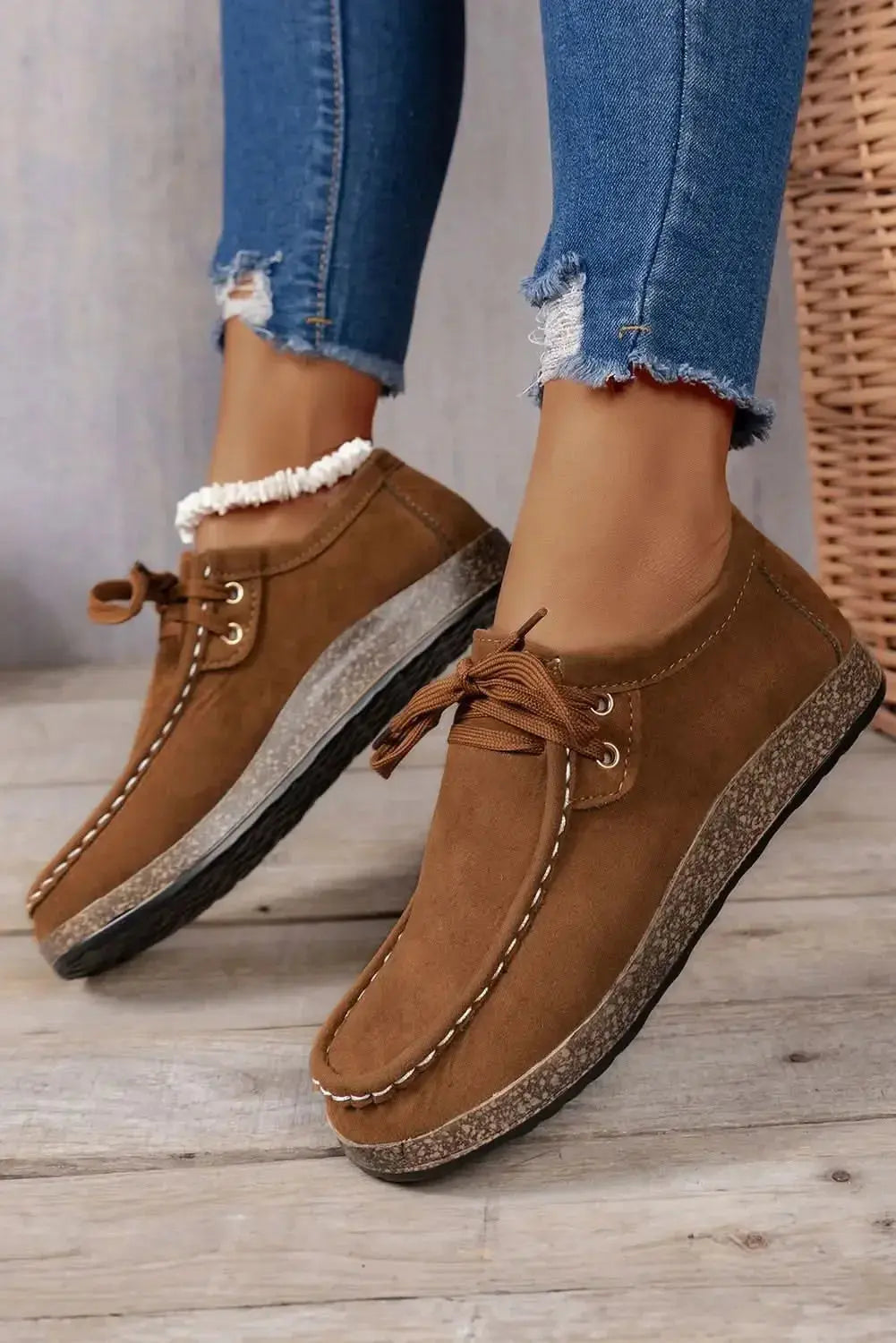 Women’s coffee suede lace-up sneakers by Plush Fashion Hub, casual everyday footwear with stylish and comfortable design.