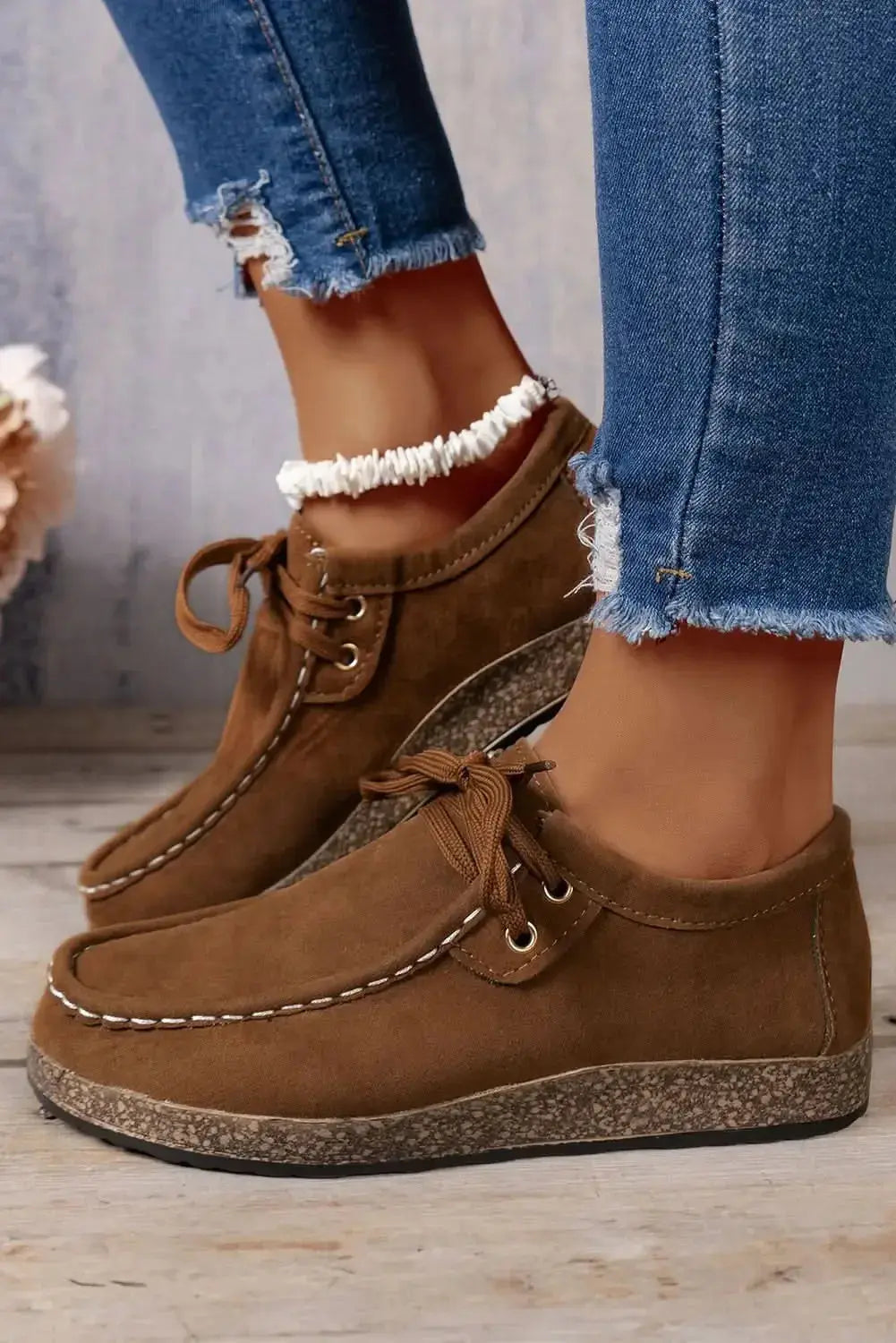 Women’s coffee suede lace-up sneakers by Plush Fashion Hub, casual everyday footwear with stylish design and comfortable fit.