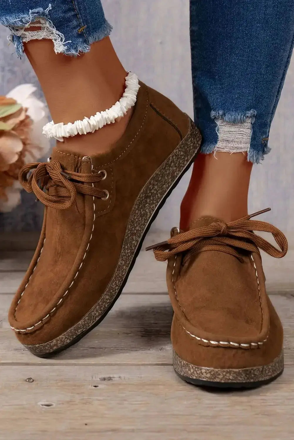 Women coffee suede lace-up sneakers by Plush Fashion Hub, casual footwear with a stylish, everyday design.
