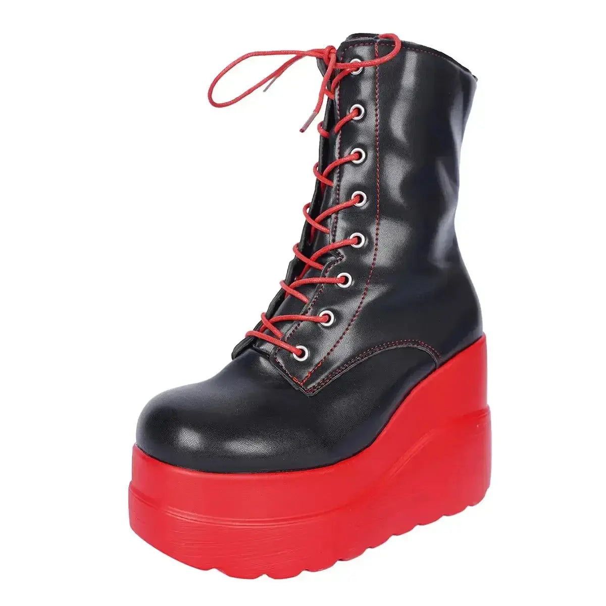 Color block platform wedge ankle boots in faux leather by Plush Fashion Hub, featuring bold color contrasts and a chunky heel.