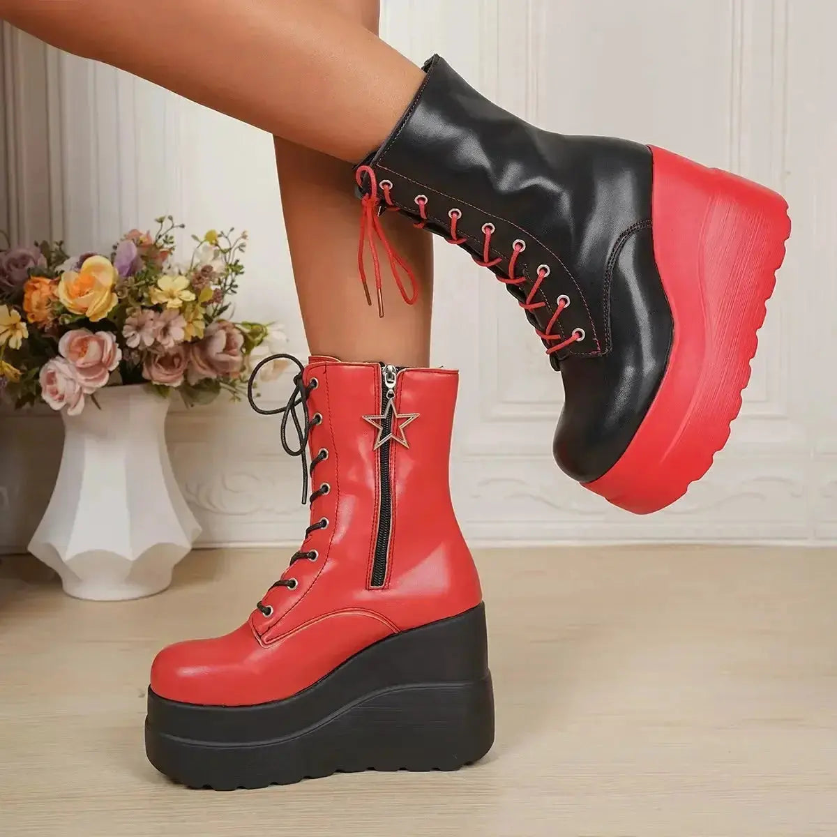 Color block platform wedge ankle boots in faux leather from Plush Fashion Hub, featuring bold color contrast and chunky heel.