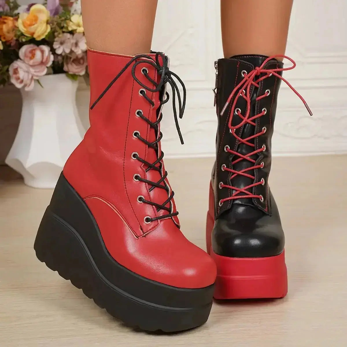 Color block platform wedge ankle boots in faux leather with bold design, by Plush Fashion Hub.