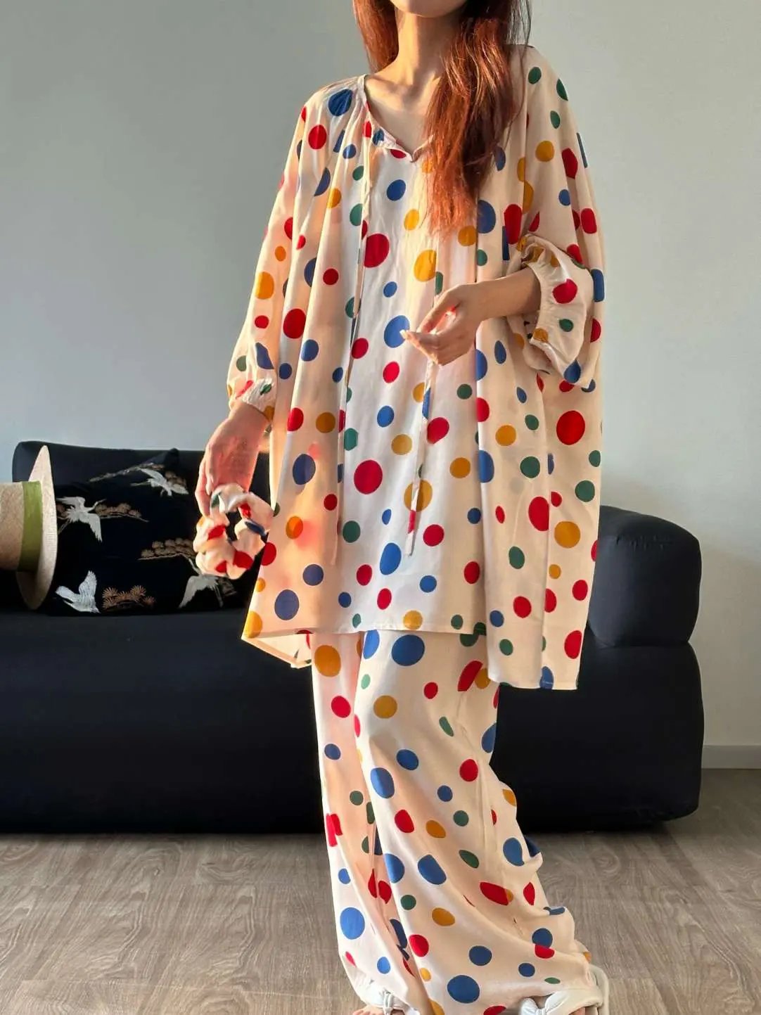 Colorful Polka Dot Cotton Silk Home Wear Set Pajamas PAINEVIDA