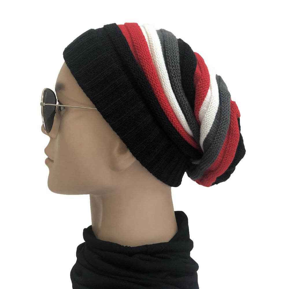 Colorful striped wool hat with trendy European style and soft acrylic knit.