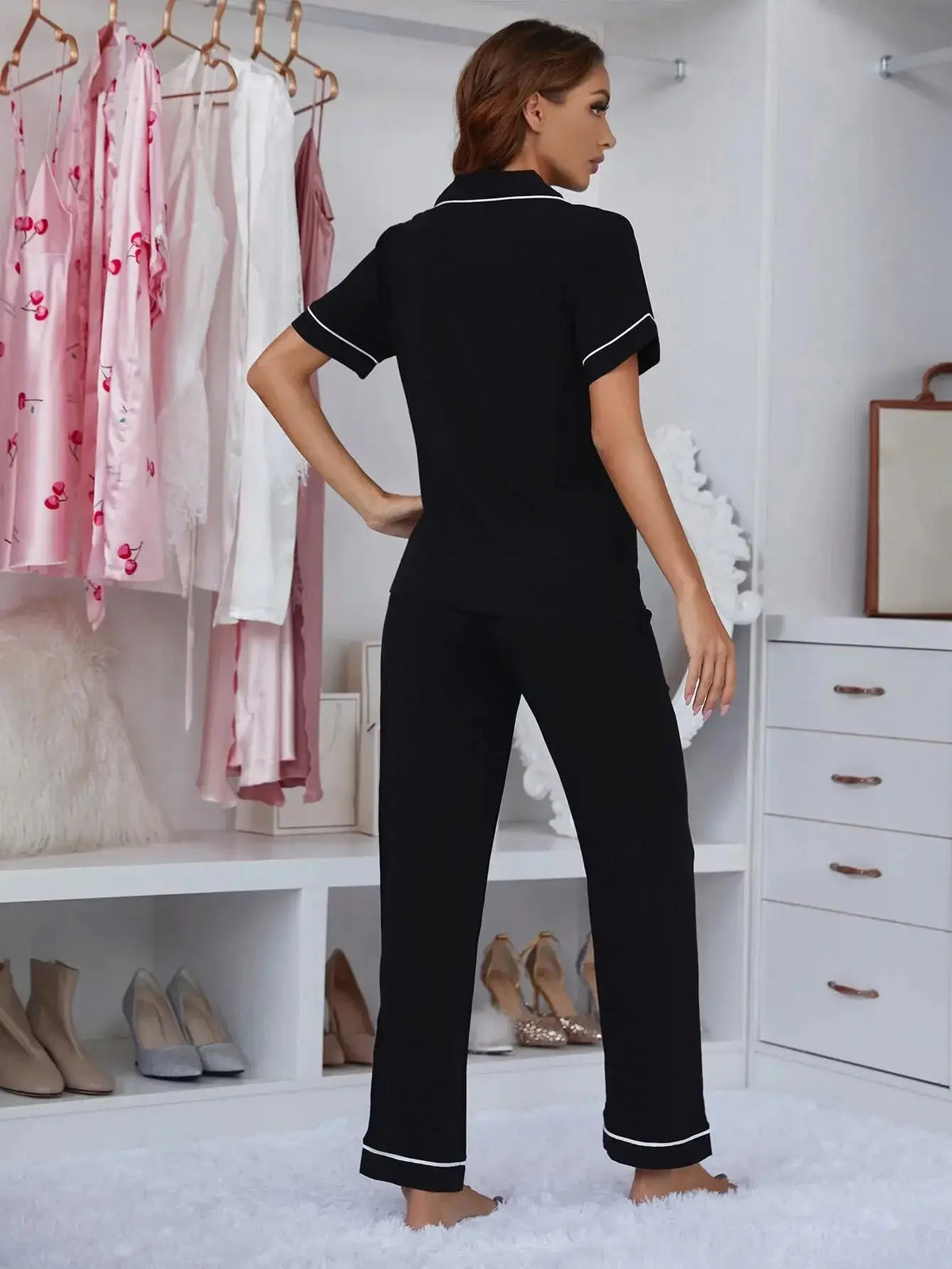 Viscose short sleeve pajama set with contrast piping, lapel collar, and breathable fabric from Plush Fashion Hub.