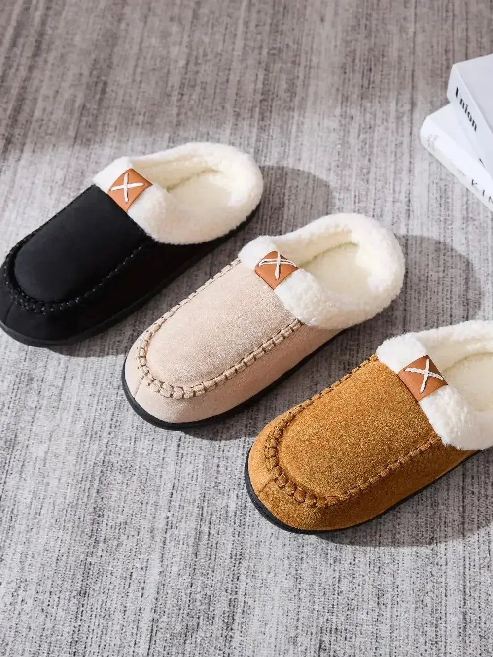 Comfortable women's contrast round toe flat slippers by Plush Fashion Hub, ideal indoor slip-ons with plush material.