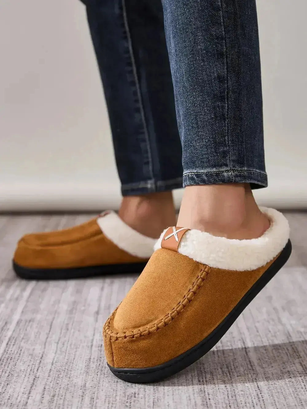 Women's contrast round toe flat slippers by Plush Fashion Hub, comfortable indoor slip-ons with soft fabric and stylish design.