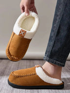 Women’s contrast round toe flat slippers by Plush Fashion Hub, comfortable indoor slip-ons with soft fabric and cushioned sole.