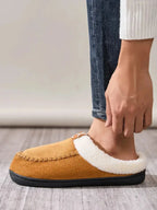 Women's contrast round toe flat slippers by Plush Fashion Hub, comfortable indoor slip-ons with soft material and stylish design.