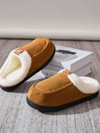 Women's contrast round toe flat slippers by Plush Fashion Hub, comfortable indoor slip-ons with soft plush material.