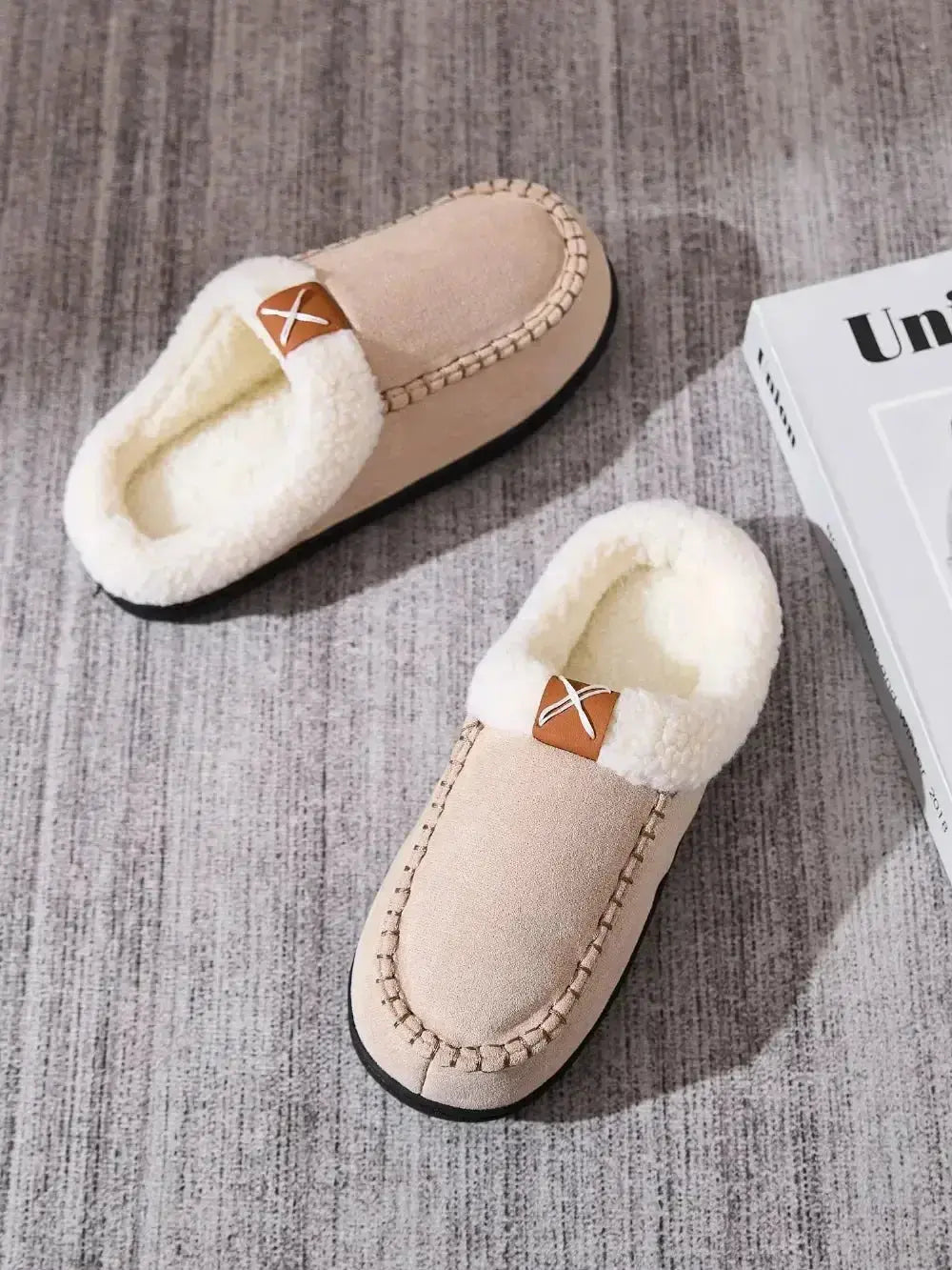 Women's contrast round toe flat slippers by Plush Fashion Hub, comfortable indoor slip-ons with soft fabric and stylish design.