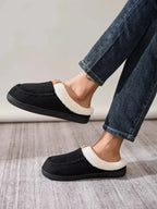 Women's contrast round toe flat slippers by Plush Fashion Hub, comfortable indoor slip-ons with soft plush material.