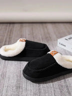 Women’s contrast round toe flat slippers by Plush Fashion Hub, comfortable indoor slip-ons with soft fabric and cushioned sole.