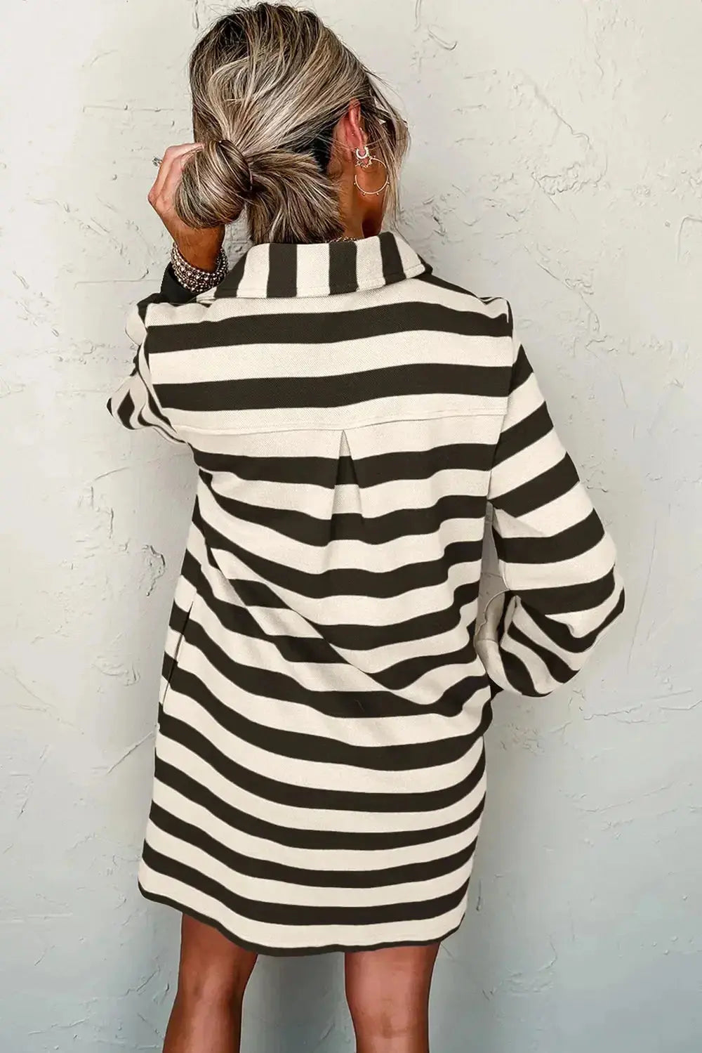 Contrast striped Johnny collar long sleeve mini dress by Plush Fashion Hub, featuring bold stripes and a stylish collar detail.