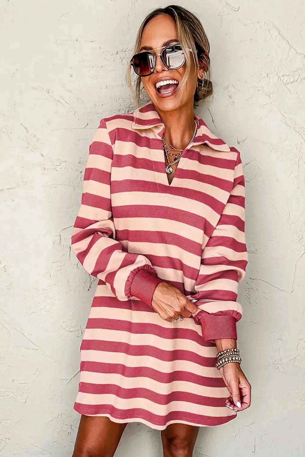 Contrast striped Johnny collar long sleeve mini dress by Plush Fashion Hub, featuring a fitted silhouette and stylish design details.