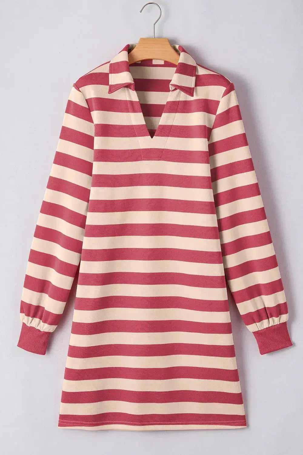 Contrast striped Johnny collar long sleeve mini dress by Plush Fashion Hub, featuring a stylish striped pattern and classic collar design.