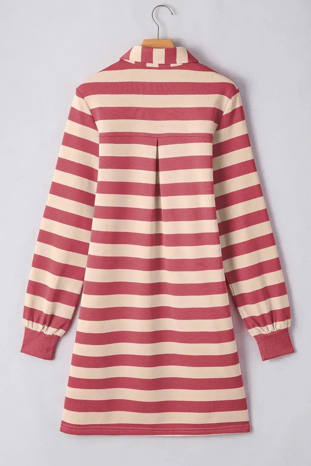 Contrast striped Johnny collar long sleeve mini dress by Plush Fashion Hub, featuring bold vertical stripes and a stylish collar detail.