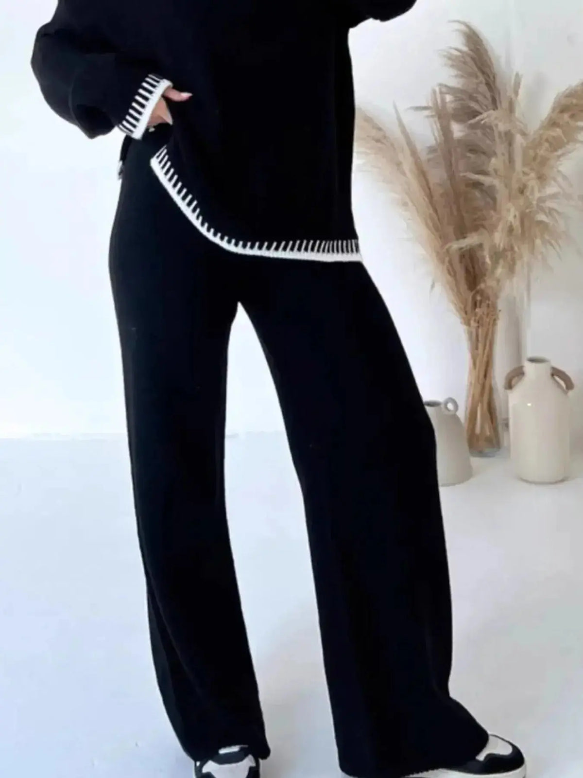 Plush Fashion Hub contrast trim round neck sweater top with wide-leg pants lounge set, stylish and comfortable for casual wear.