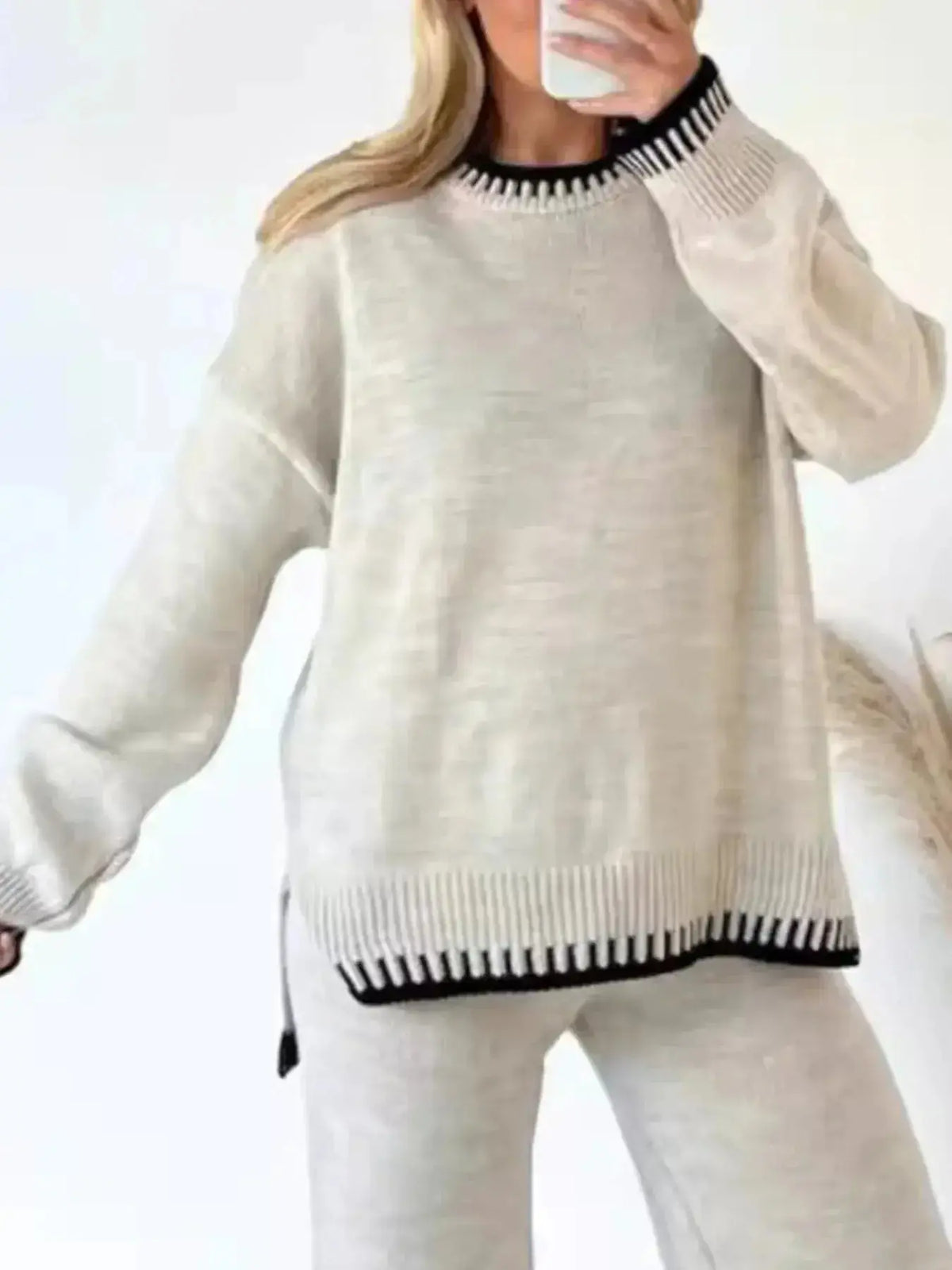 Plush Fashion Hub contrast trim round neck sweater top with wide-leg pants lounge set, casual and comfortable clothing ensemble.