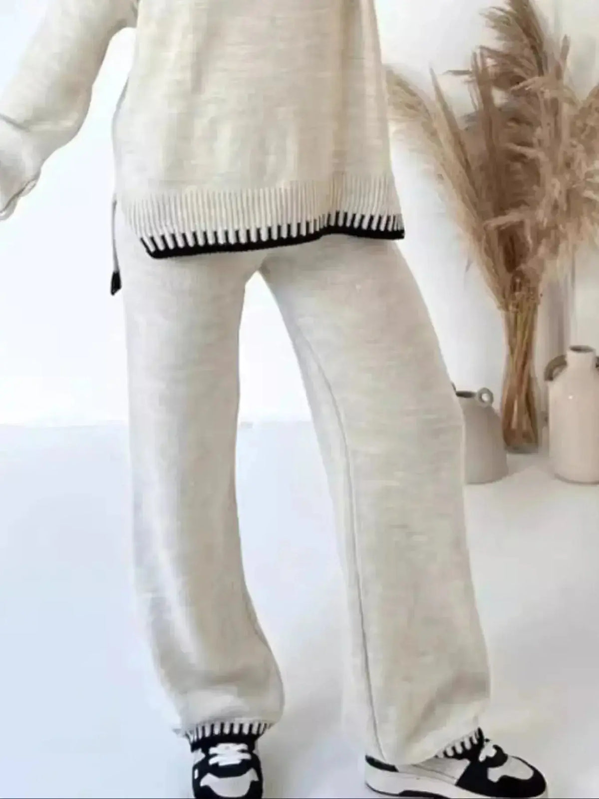 Plush Fashion Hub contrast trim round neck sweater top with wide leg pants lounge set, casual and comfortable fashion look.