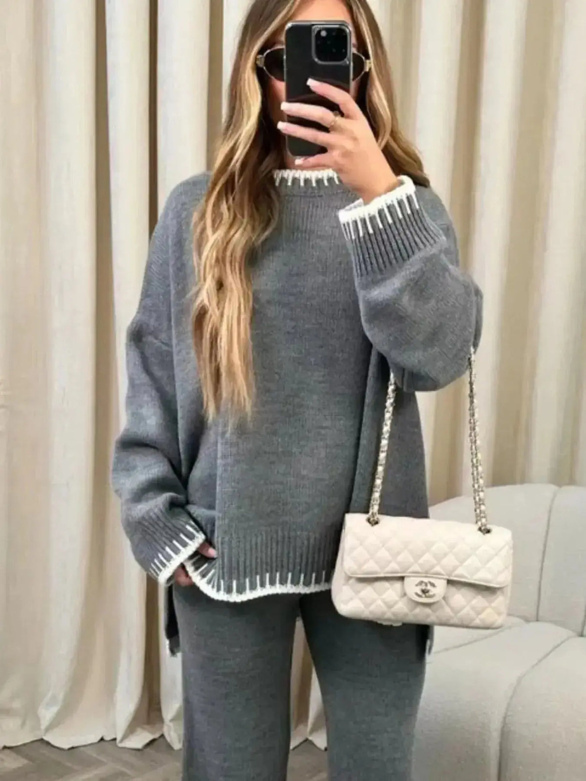 Plush Fashion Hub contrast trim round neck sweater top with wide-leg pants lounge set, stylish and comfortable casual outfit.