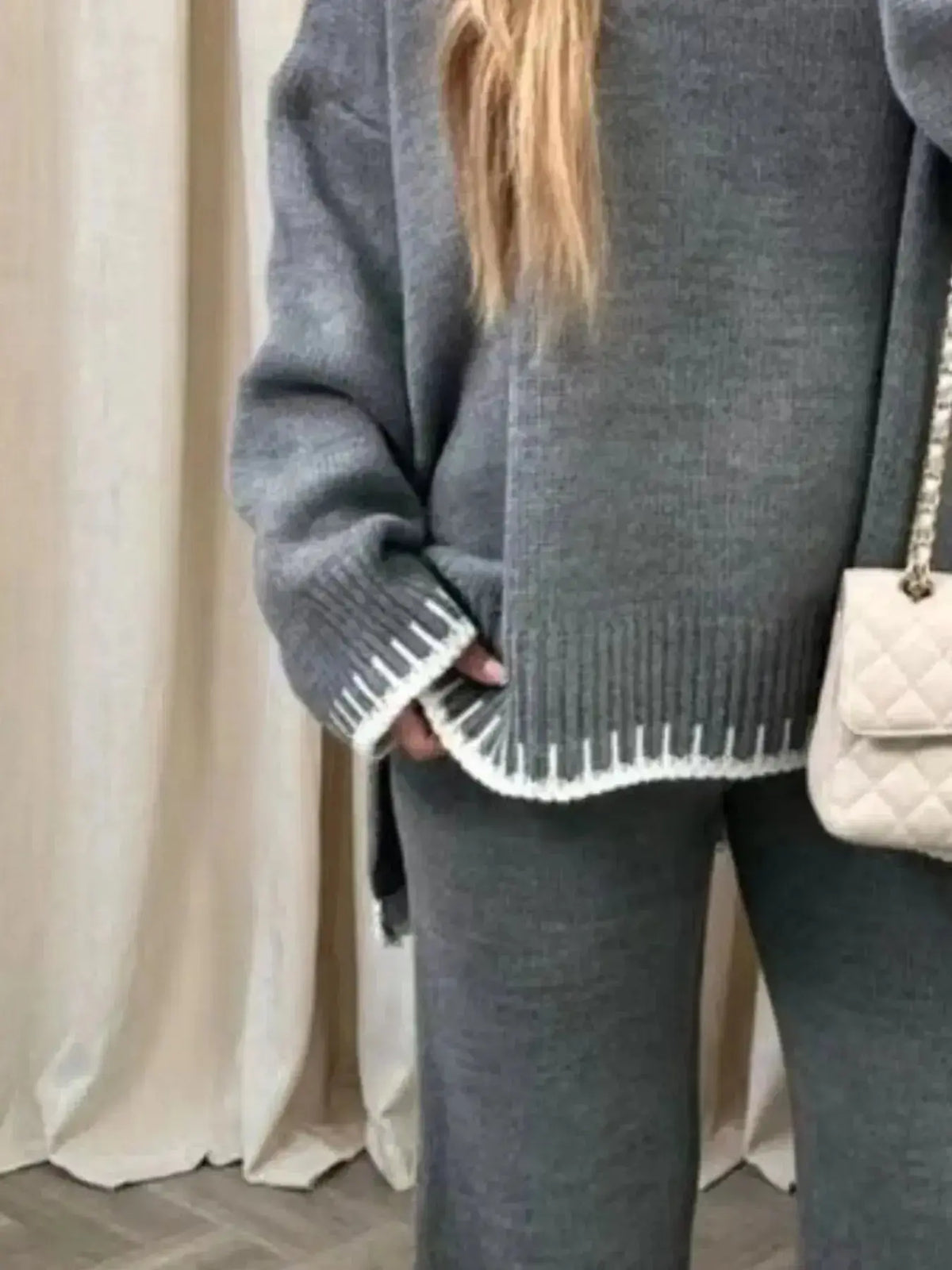 Plush Fashion Hub contrast trim round neck sweater top and wide leg pants lounge set, cozy and stylish for casual wear.