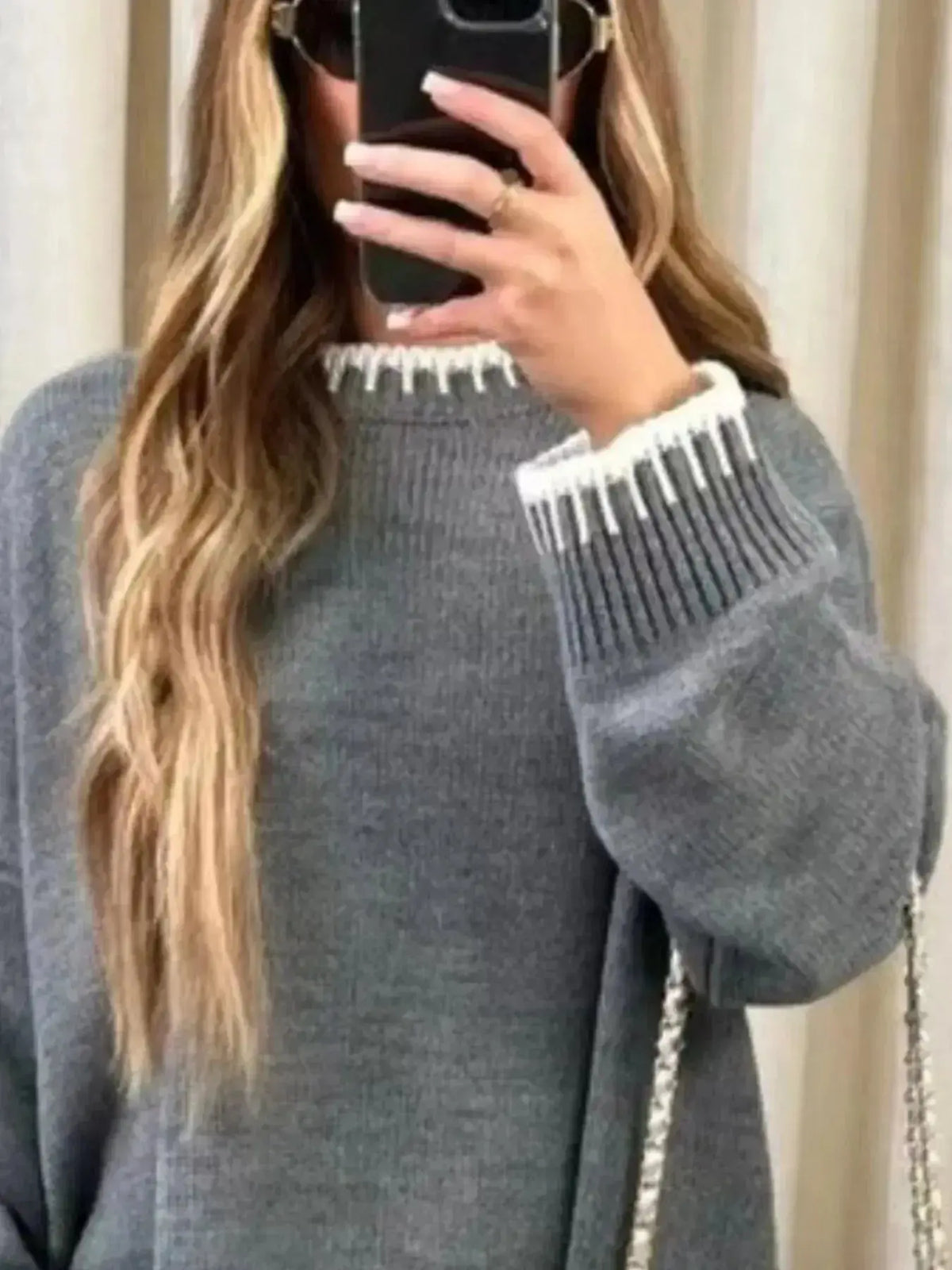 Plush Fashion Hub lounge set with contrast trim round-neck sweater top and wide-leg pants, casual comfortable outfit.