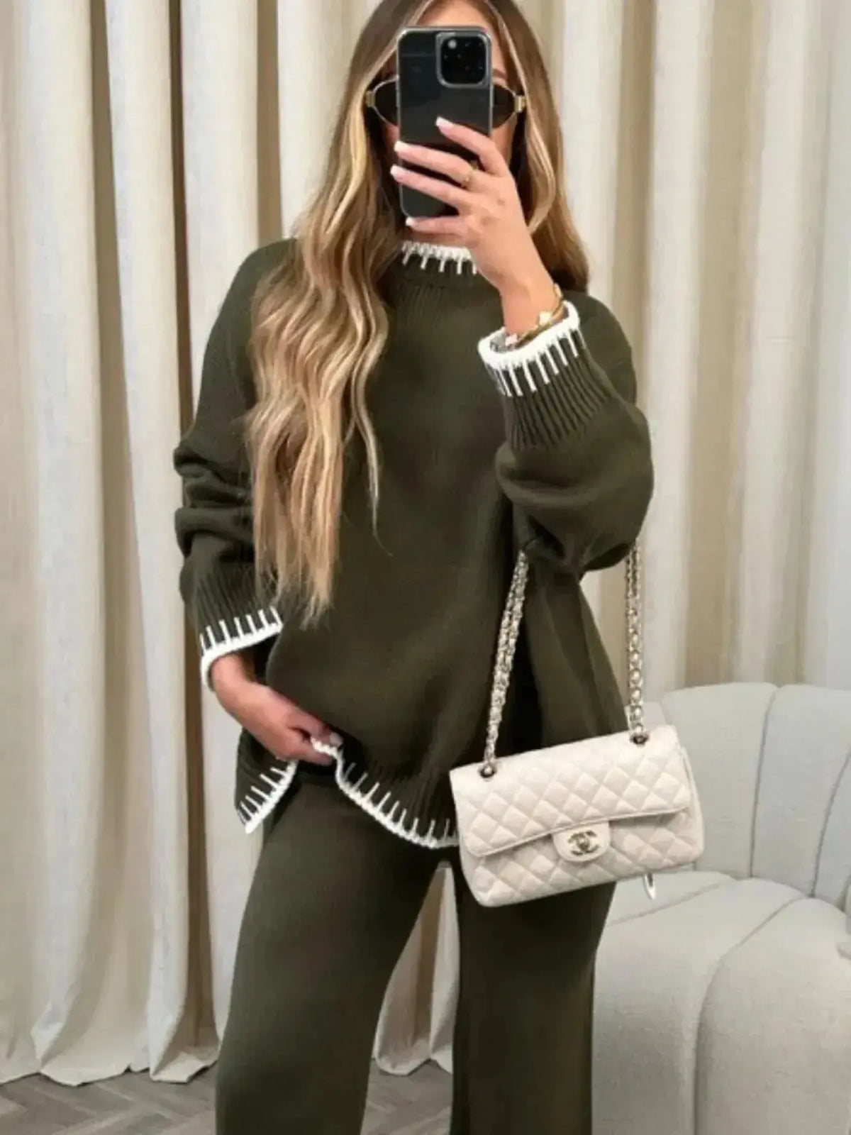 Plush Fashion Hub contrast trim round neck sweater top with wide-leg pants lounge set, comfortable casual wear for relaxing days.