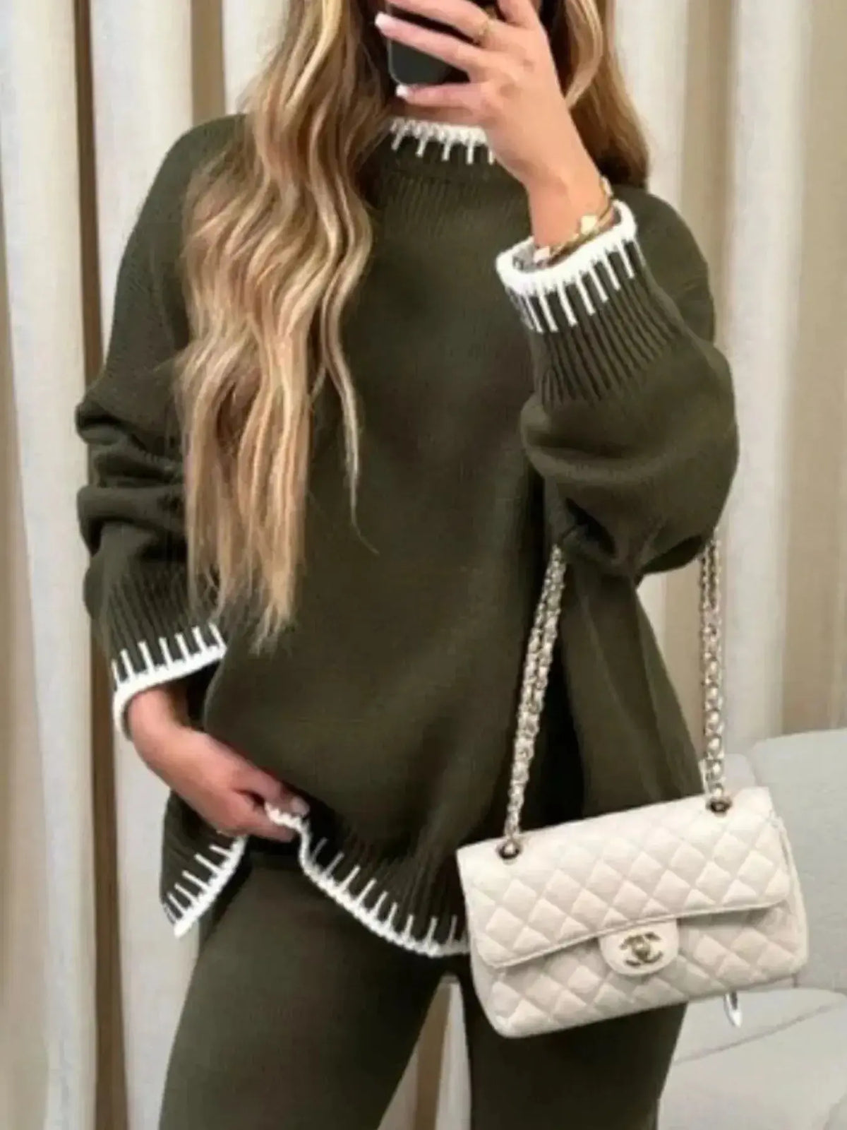 Plush Fashion Hub contrast trim round neck sweater top with wide-leg pants lounge set, casual comfortable outfit, stylish and relaxed.