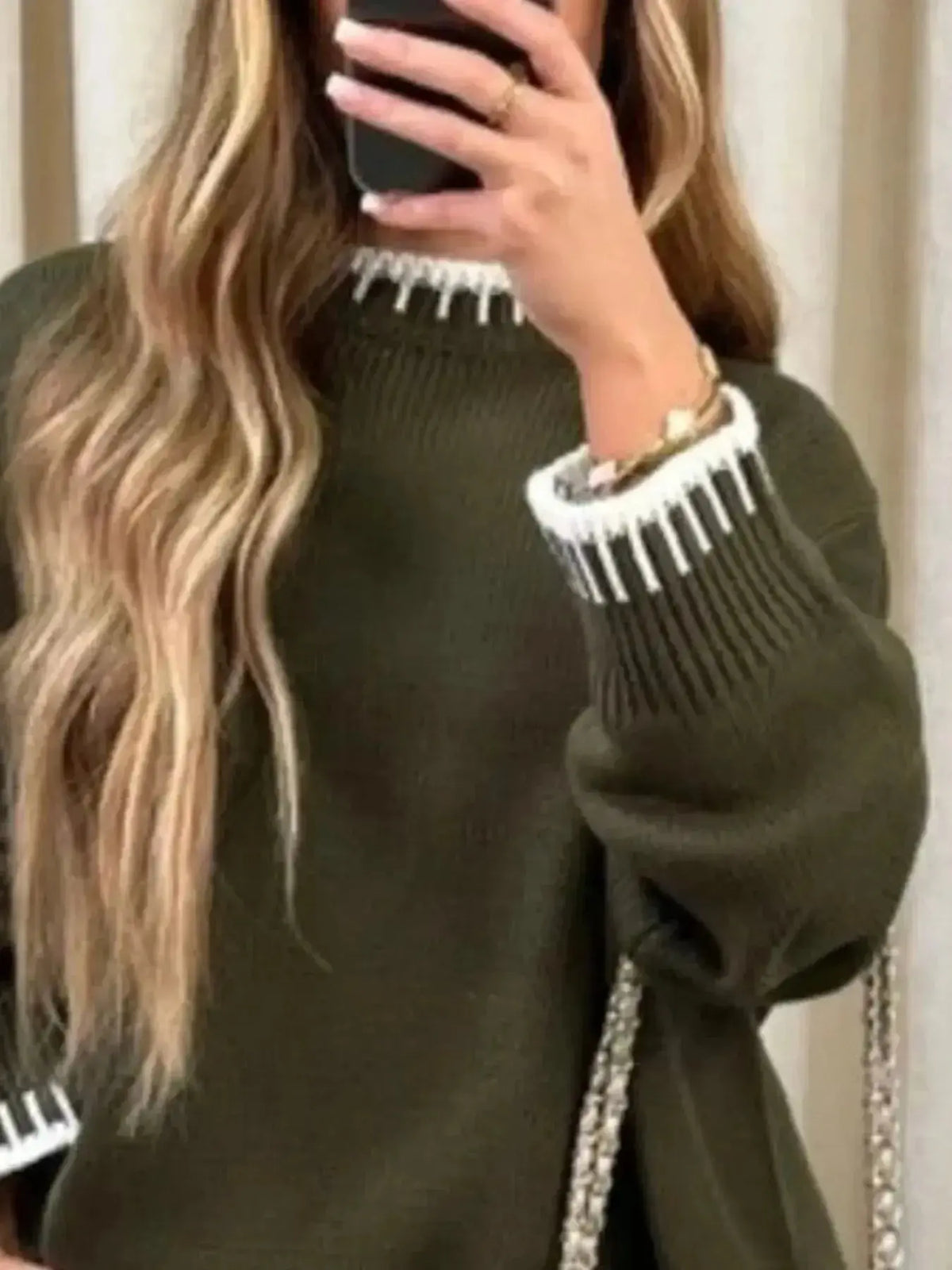 Plush Fashion Hub lounge set with contrast trim round neck sweater top and wide-leg pants, comfortable and stylish for casual wear.
