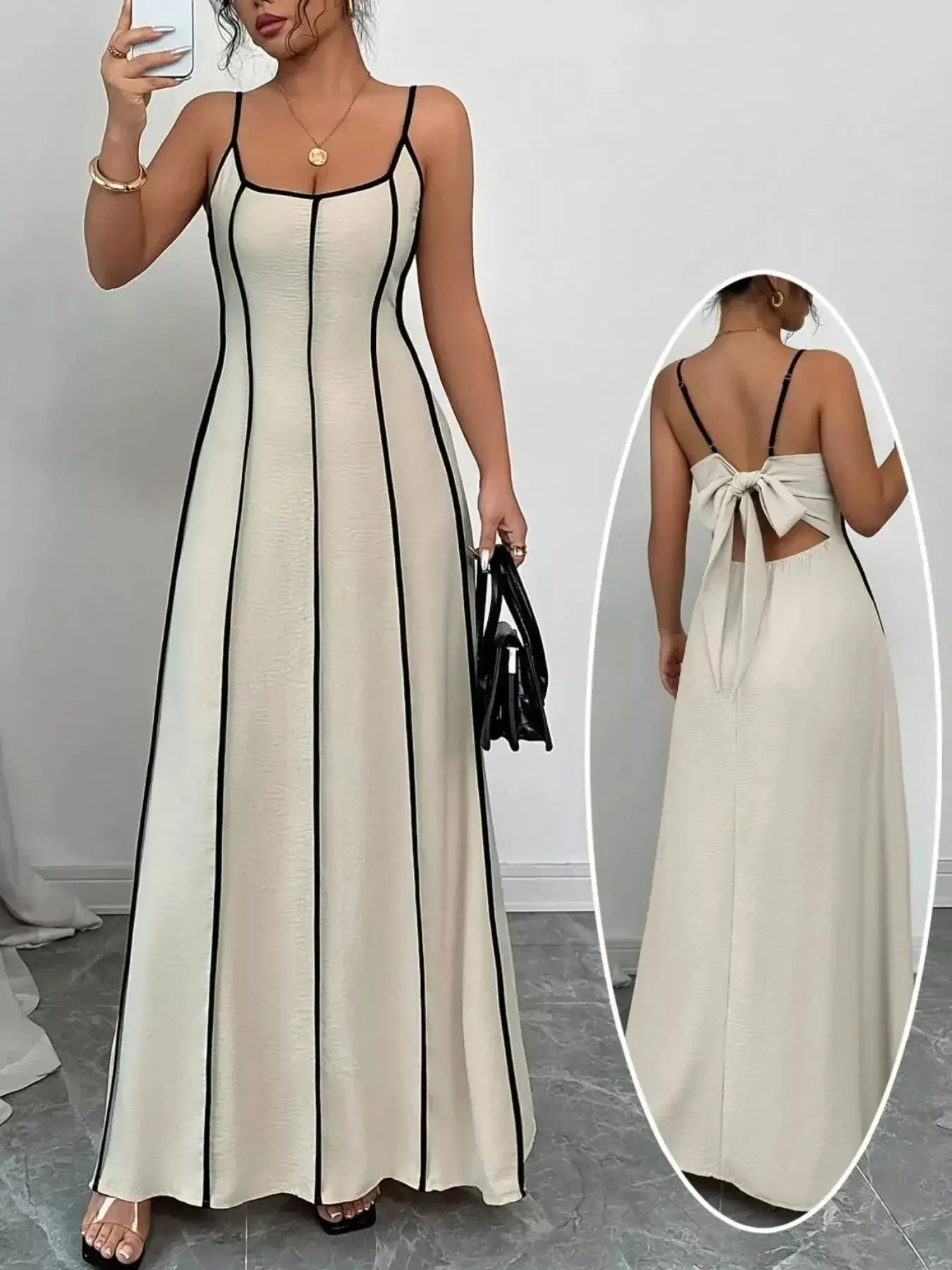 Flowy maxi dress with contrast trim, spaghetti straps, and ruched details, perfect for summer evening wear, by Trendsi.