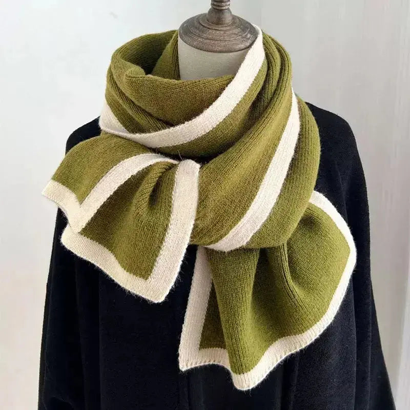 Modern contrast trim winter scarf by Plush Fashion Hub, soft and warm cold weather accessory with stylish edge design.