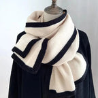 Plush Fashion Hub modern winter scarf with contrast trim, soft and warm cold weather accessory in stylish design.