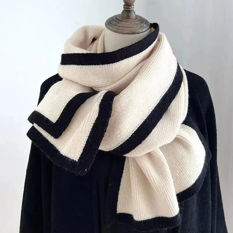 Plush Fashion Hub modern winter scarf with contrast trim, soft and warm cold weather accessory in stylish design.